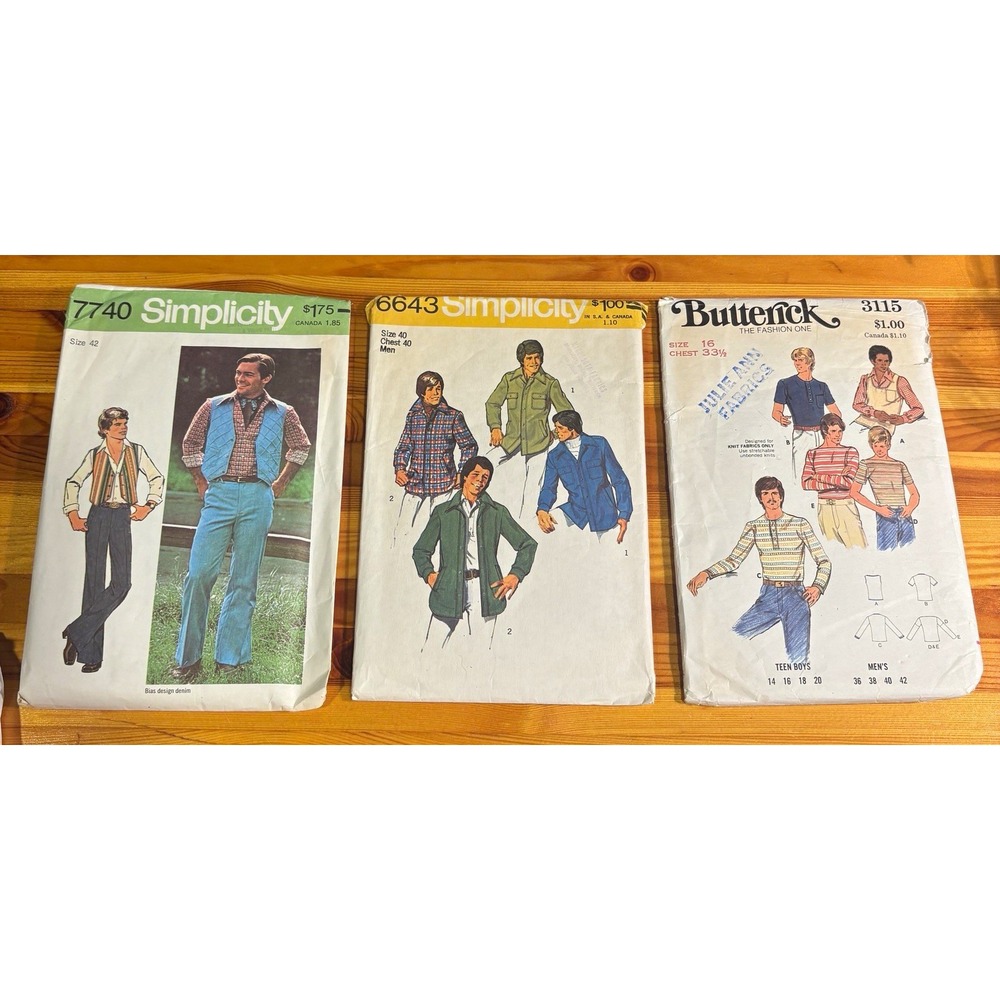 Vtg 70s Mens Sewing Pattern Lot Simplicity 7740 Vest Pants 6643 Jacket Butterick